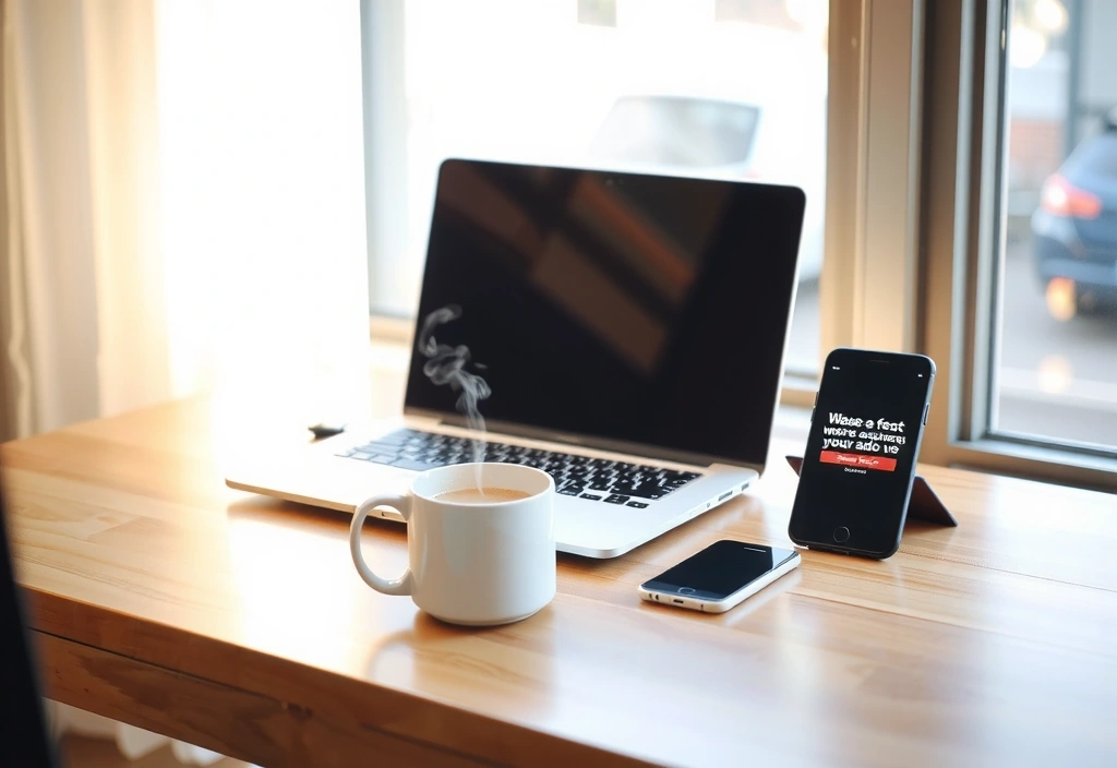 A laptop and phone on a desk after successful project launch