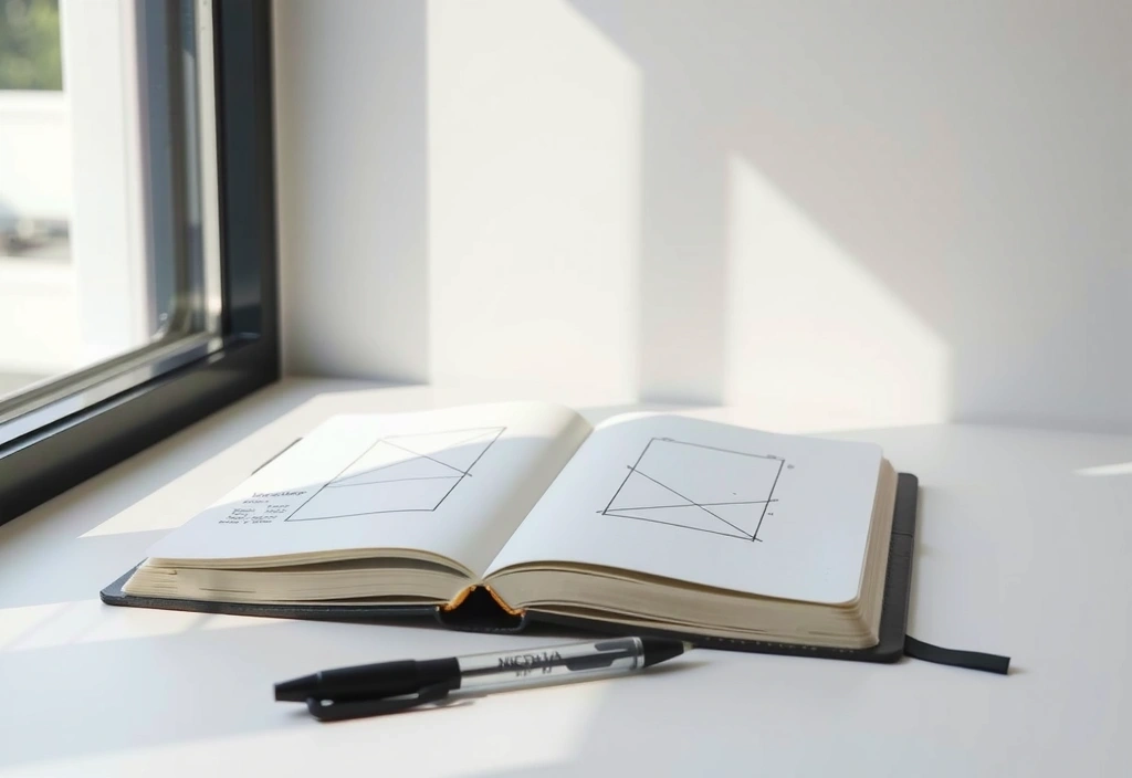 A notebook with a clean wireframe sketch on a minimalist desk